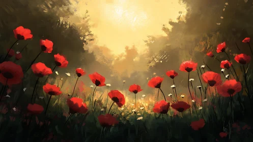 Sunlit poppy field glows warmly beneath a hazy golden sky