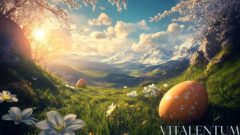 Golden spring eggs nestled in a storybook mountain valley.