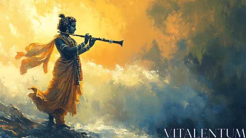 Figure with flute in flowing robes before abstract sky.