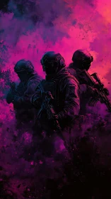 Triangular tactical squad in neon magenta vapor field.