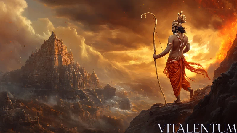 Warrior saint above ember skies guarding ancient citadel.