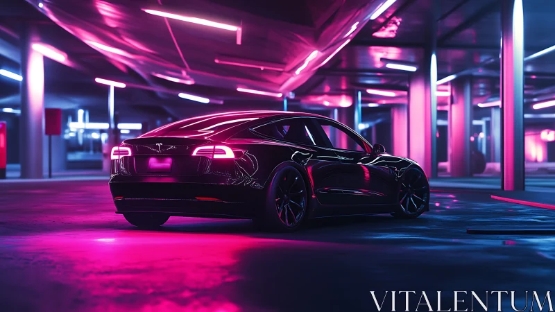 Electric sedan glows under neon magenta parking lights.