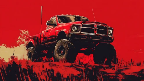 Digital painting of lifted red pickup truck on stark red field.