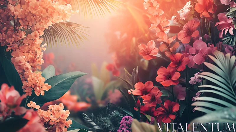 Tropical Floral Garden. Golden Sunlit Blooms Cascade.