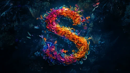 Floral luminance letter S in swirling neon color vortex