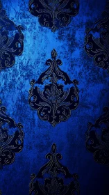 Cobalt damask textile with ornate baroque medallion repeats