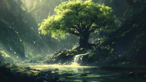 Ancient tree illuminated above waterfall in secluded forest basin