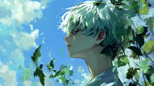 Side-profile anime portrait merges figure with luminous foliage