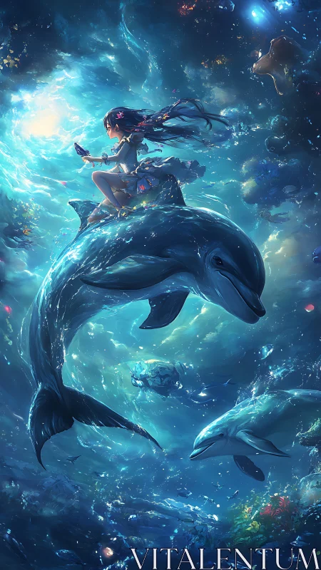 Girl rides luminous dolphin through a sparkling ocean dreamscape.