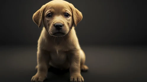 Photorealistic studio portrait of golden puppy on dark backdrop.