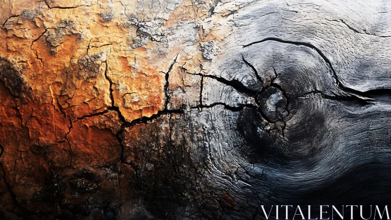 Close-up of cracked burnt wood texture in natural abstract style.