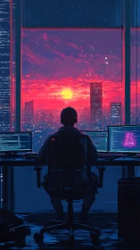 Coder watches neon sunset over cyberpunk city skyline.
