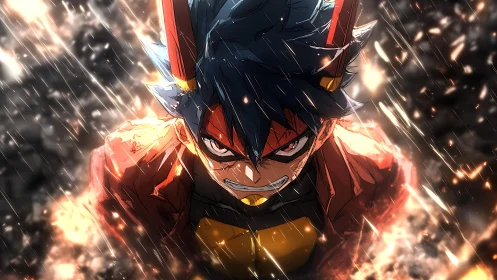 Fiery anime hero charging forward in intense battle scene.