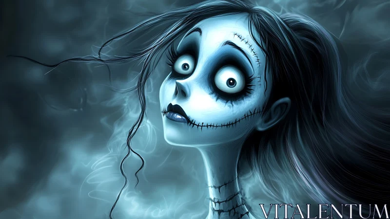 Haunted yet tender ghost girl with wide curious eyes.