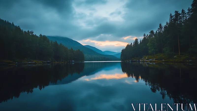 Calm forest lake with mountains under moody evening sky.