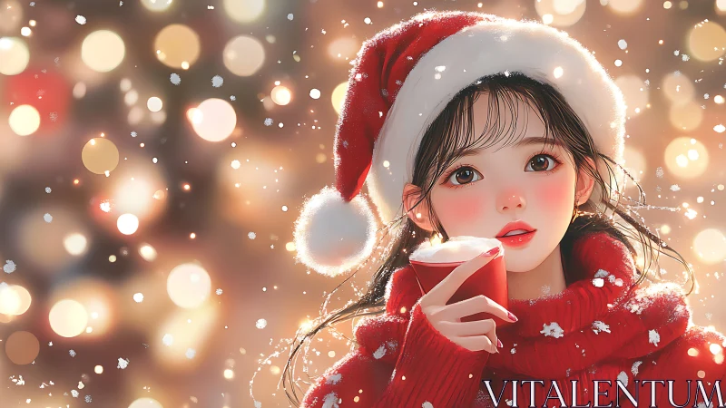 Digital portrait shows girl in Santa hat holding red cup