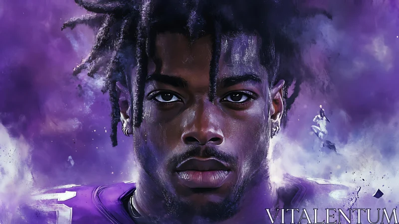 Hyperreal digital portrait of focused football player in purple