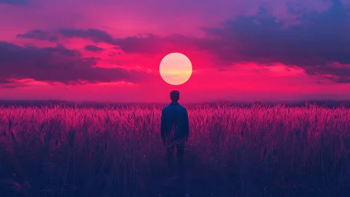 Solitary figure stands in illuminated field under circular sun
