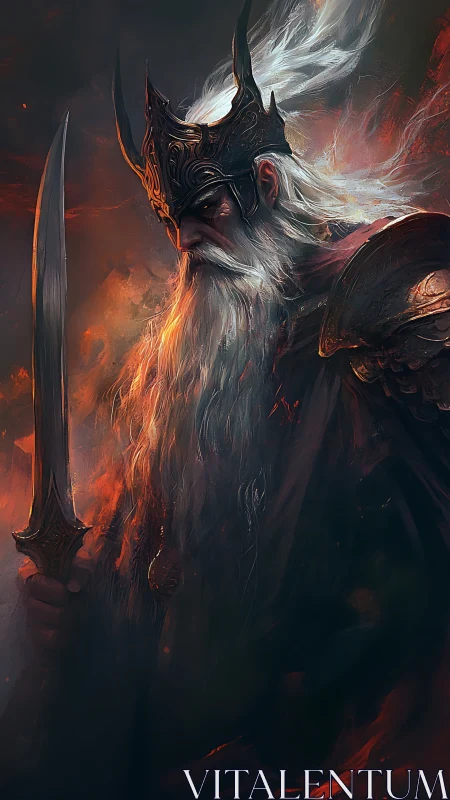 Armored elder warrior holds a sword amid controlled firelight