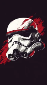 White sci‑fi combat helmet with red streak on dark field.