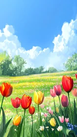 Tulip field with vibrant foreground blooms beneath cumulus clouds