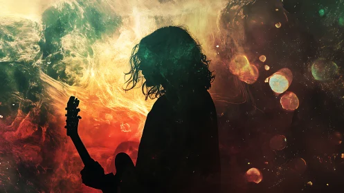 Silhouetted guitarist against nebula-like bokeh light field