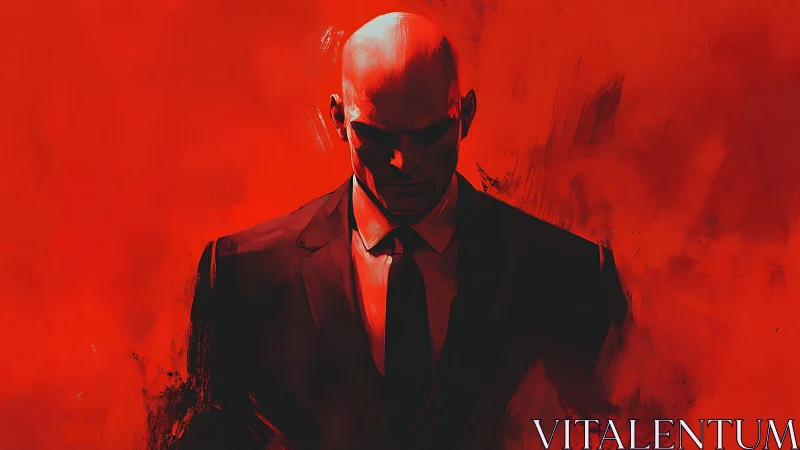 Bald suited figure in red abstract field, dramatic lighting.