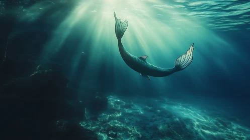Mermaid tail glides upward where sunbeams comb the seafloor