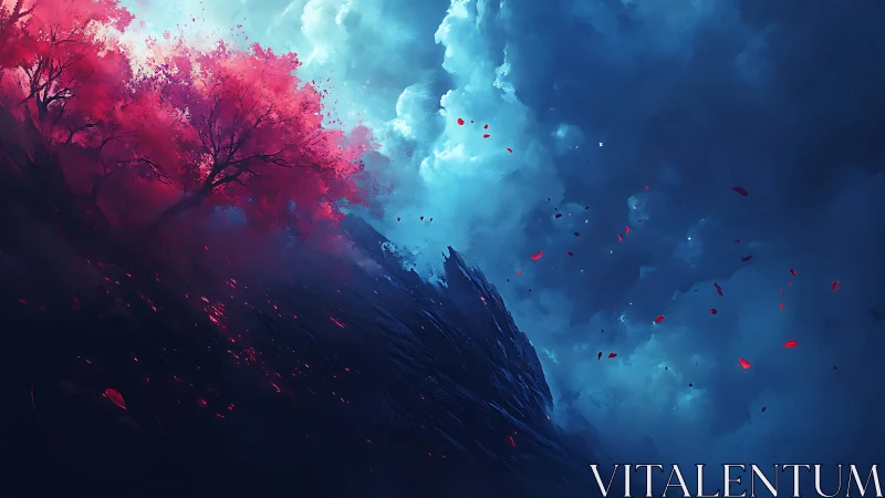 Crimson treeline rising against storm-lit cyan clouds.