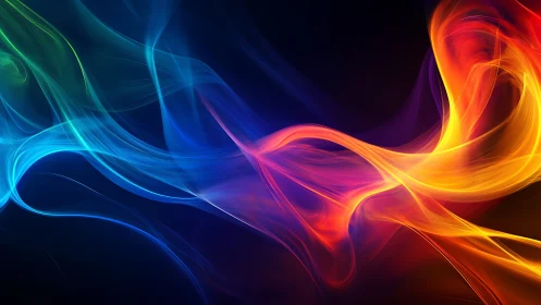 Neon light waves flow across deep black gradient background.