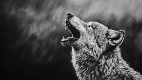 Lone wolf lifting its voice in a moonlit grayscale night.