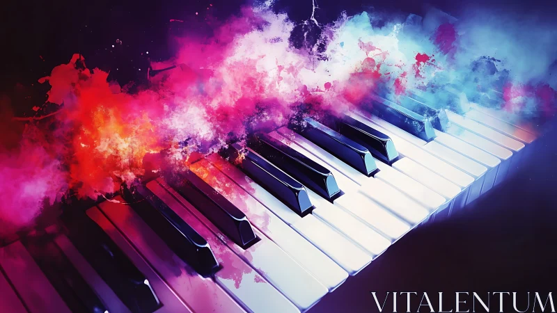 Colorful smoke drifts above glowing piano keys in motion