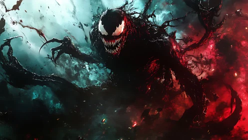 Sinister black monster lunging through red blue haze.