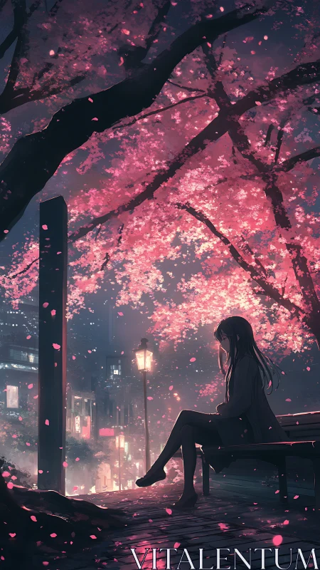 Nocturnal city bench beneath luminous cherry blossoms.