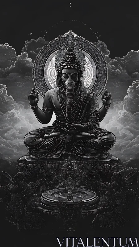 Cosmic elephant-headed guardian seated in stormlit void.