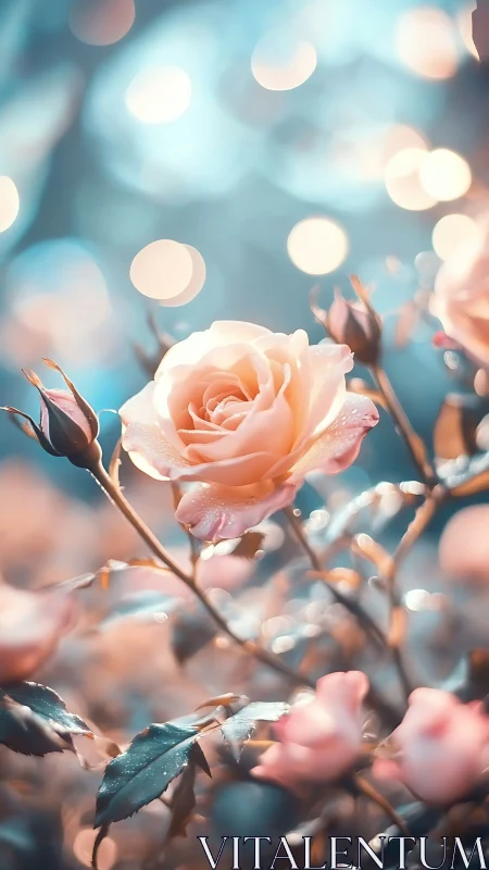 Soft pink rose in dreamy blue bokeh garden scene.