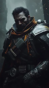 Armored wasteland sentinel rendered in moody digital chiaroscuro