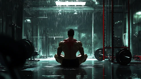 Cinematic 3D gym warrior under rainfall, rear-view composition.