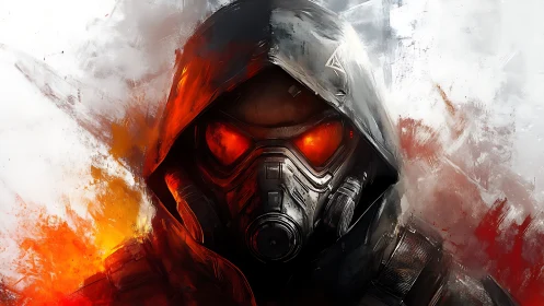 Hooded cyber soldier with burning eyes in explosive haze.