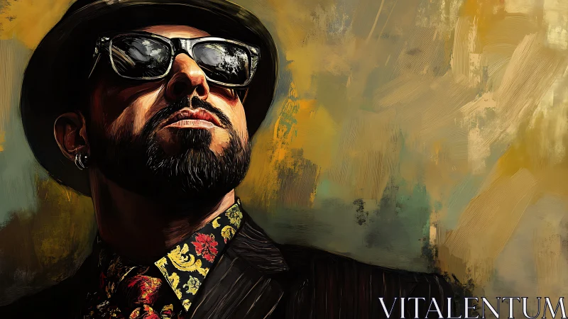 Bearded man in sunglasses against abstract painted backdrop.