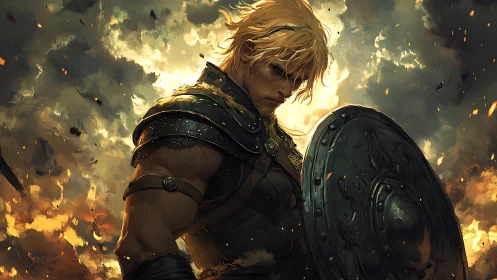 Stormlit warrior stands defiant in fire-kissed battlefield.