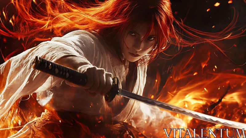 Fiery samurai warrior with sword slashing through flames.