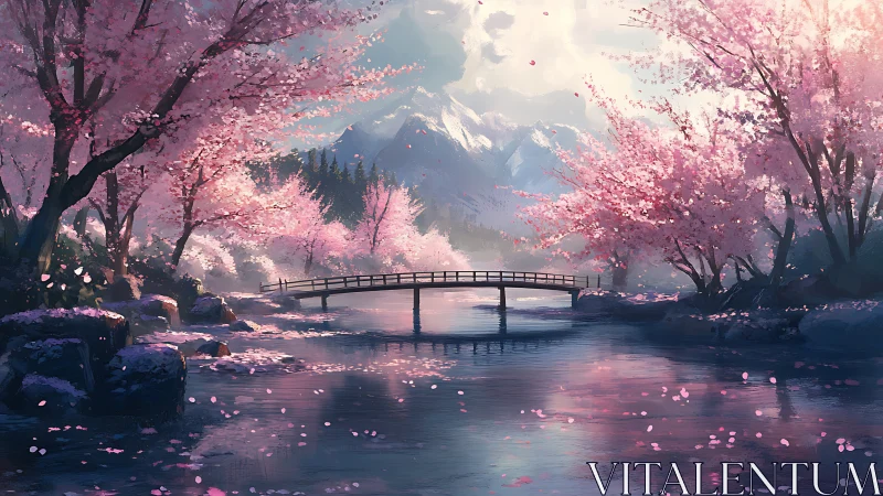 Cherry blossom bridge over reflective river, alpine spring dusk