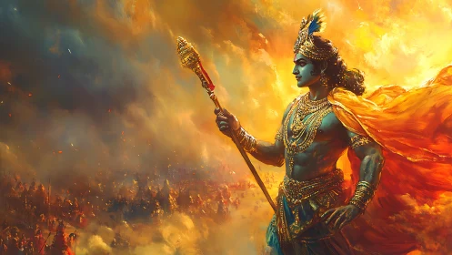 Regal blue-skinned warrior holding mace in fiery battlefield.