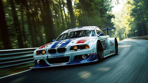 GT-spec touring car attacking forest apex with aero precision.