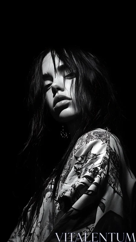 High contrast monochrome portrait in dramatic shadow.