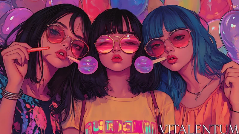 Digital painting portrait of three girls with neon lollipops.