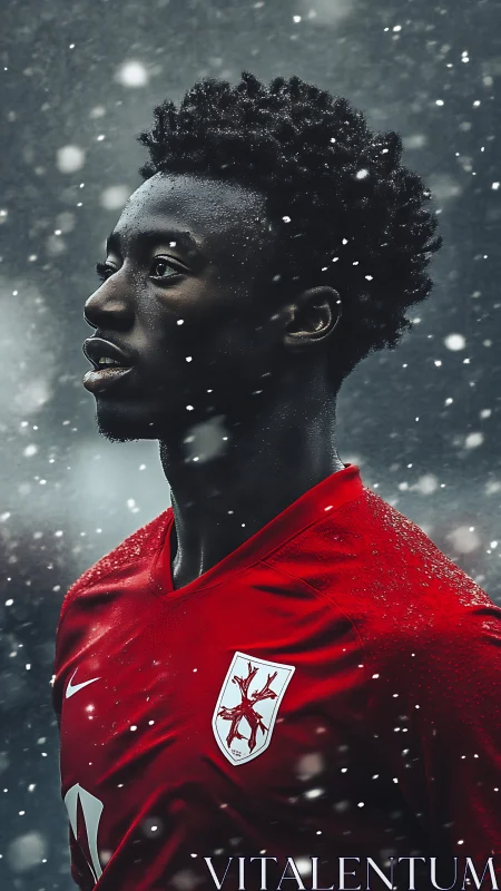 Snowflakes orbit a focused striker in crimson armor