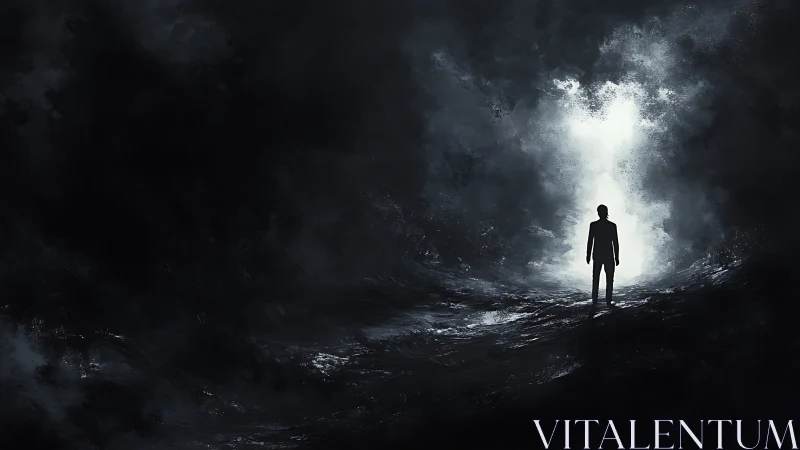 Silhouetted figure approaching luminous void in turbulent darkness.