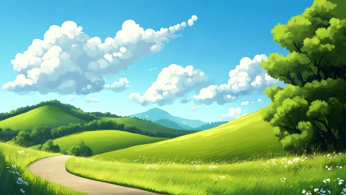 Gentle green hills invite a peaceful walk under bright clouds